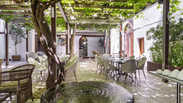 An outdoor dining area with wicker chairs and tables, a central water feature, and a pergola with climbing plants. - Oude Werf Hotel (Stellenbosch)