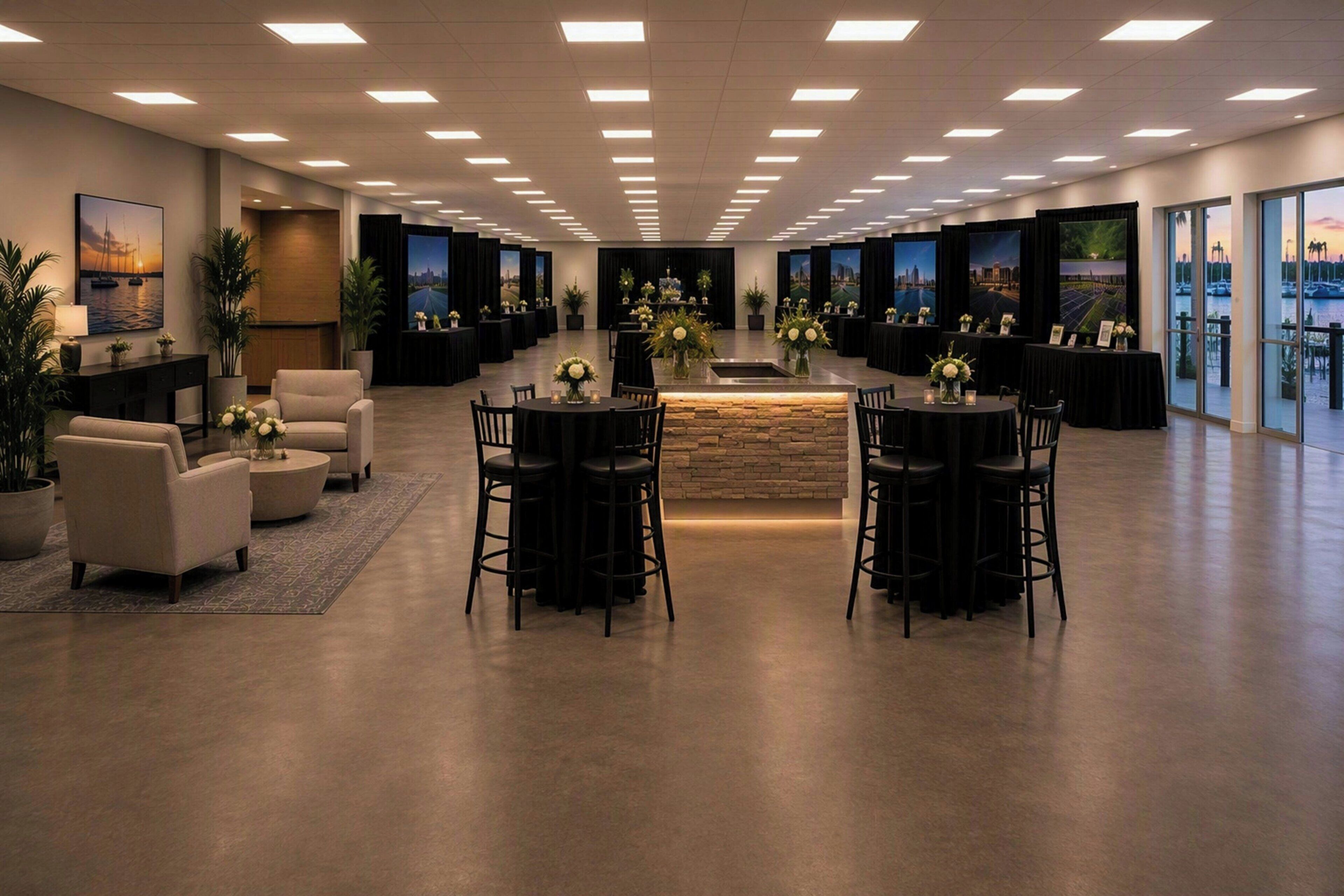 En rymlig hotellobby med en receptionsdisk, en sittgrupp och stora fönster med utsikt över omgivningarna.