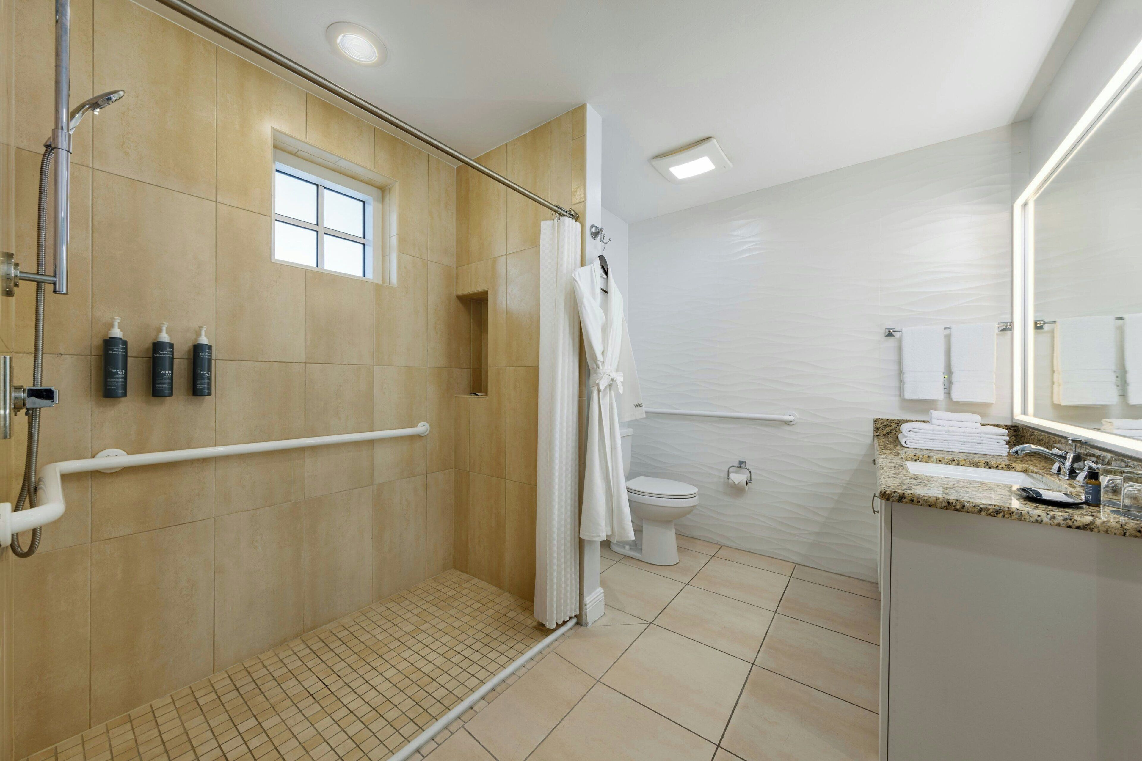 A modern bathroom with a walk-in shower, a toilet, and a sink with a mirror.