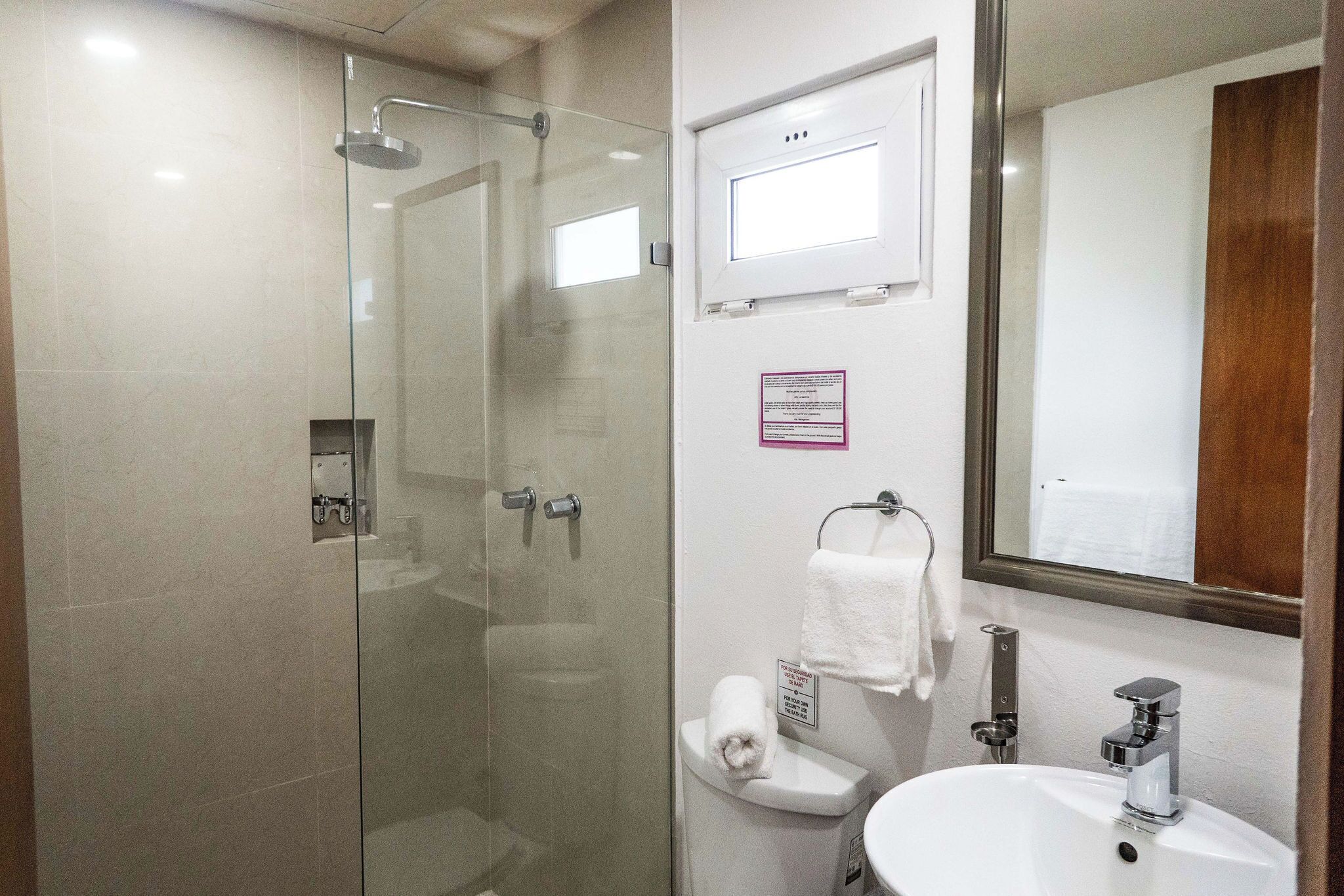 Shower, free toiletries, hair dryer, towels