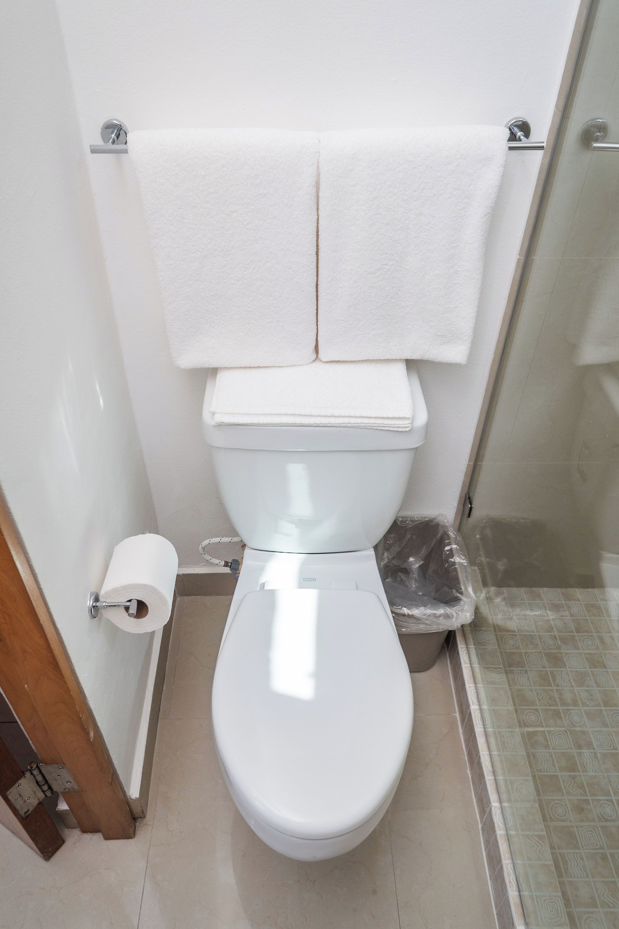 Des toilettes blanches, avec deux serviettes accrochées au mur, un rouleau de papier toilette et une poubelle.