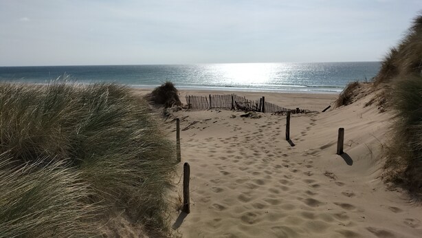 A sandy beach path leading to the ocean, surrounded by dunes and a wooden fence. - LOGIS La Régence (Cherbourg-en-Cotentin)