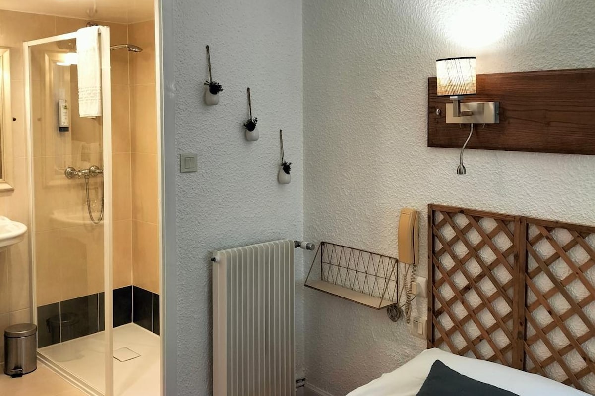 A hotel room with a bed, a bedside table, a radiator, a shower area, and a wall-mounted telephone.