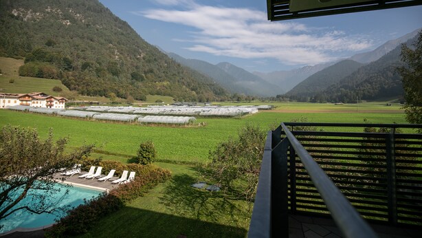 A view of a mountainous landscape with a pool area and lounge chairs. - DA ELDA natural retreat (Ledro)