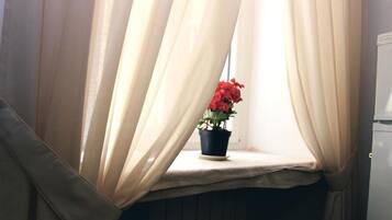 Une fenêtre avec des rideaux légers, une plante en pot aux fleurs rouges et un radiateur en dessous.