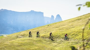 A group of cyclists on a grassy mountain trail with a clear sky and distant rocky formations.