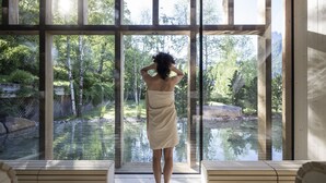 A person in a towel standing by a large window overlooking a pond and greenery. - ADLER Dolomiti (Ortisei)