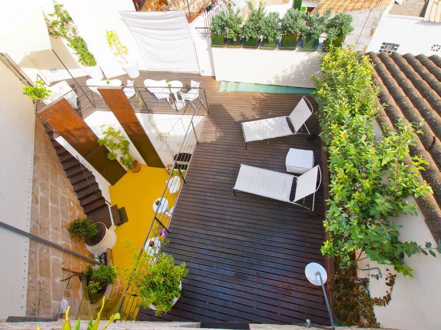 Terraza en la azotea con piso de madera, muebles de exterior blancos y plantas en macetas.