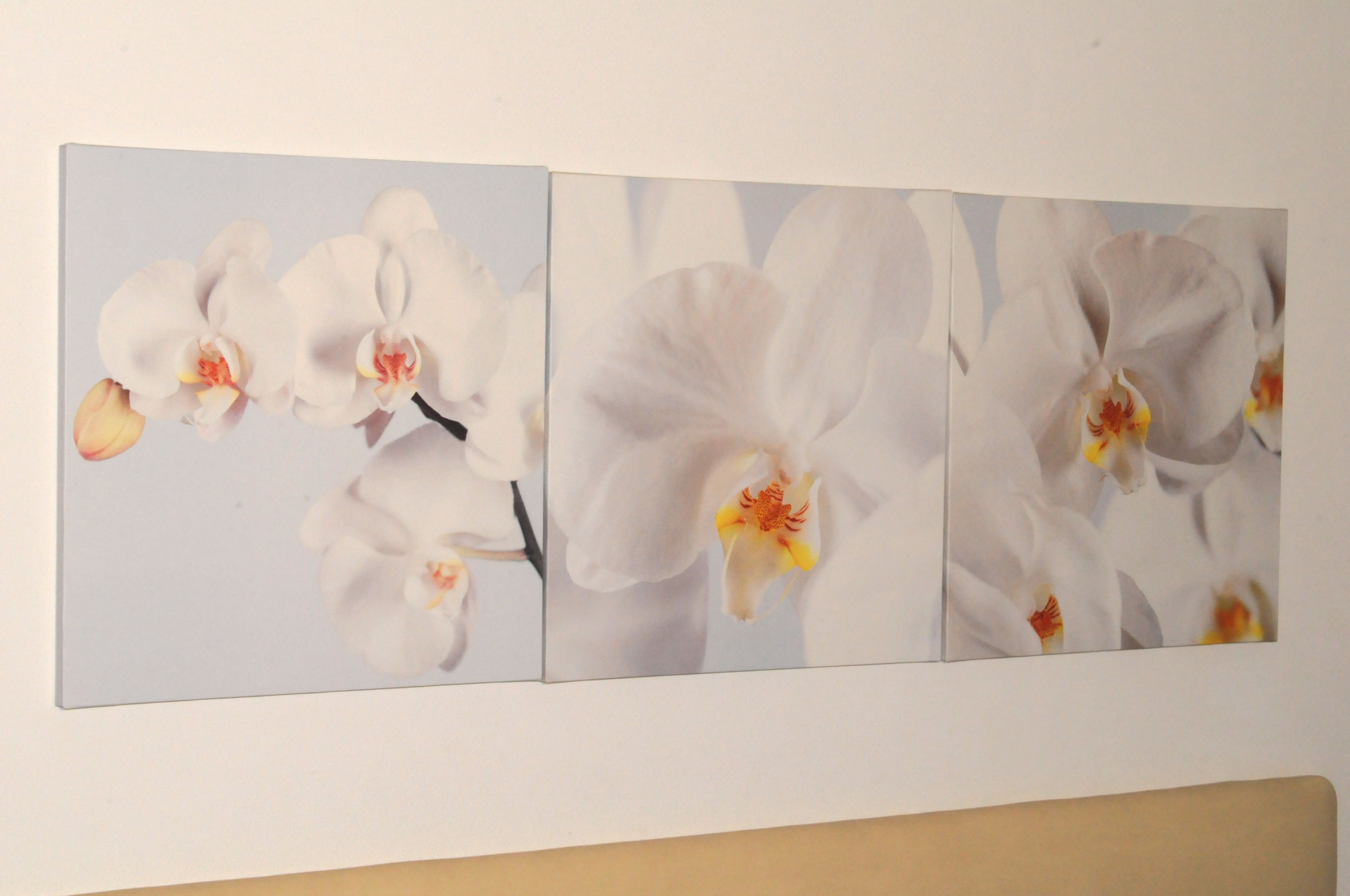 Ein dreiteiliges Wandbild mit weißen Orchideen und gelben Blüten.