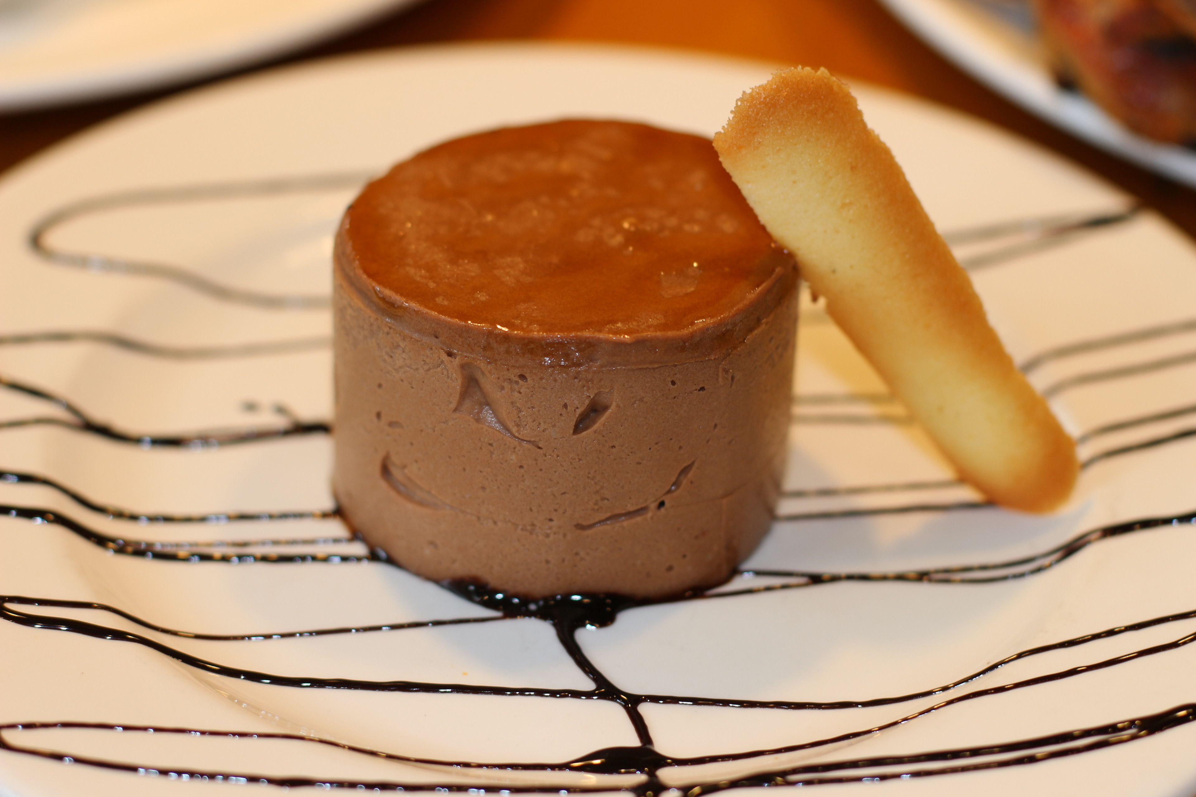 A dessert with chocolate sauce and a wafer stick on a plate.