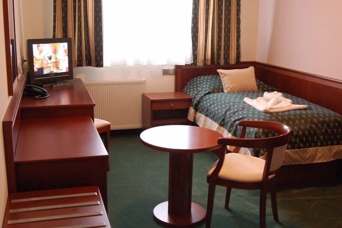 A hotel room with a bed, a desk with a chair, a small table, and a television.