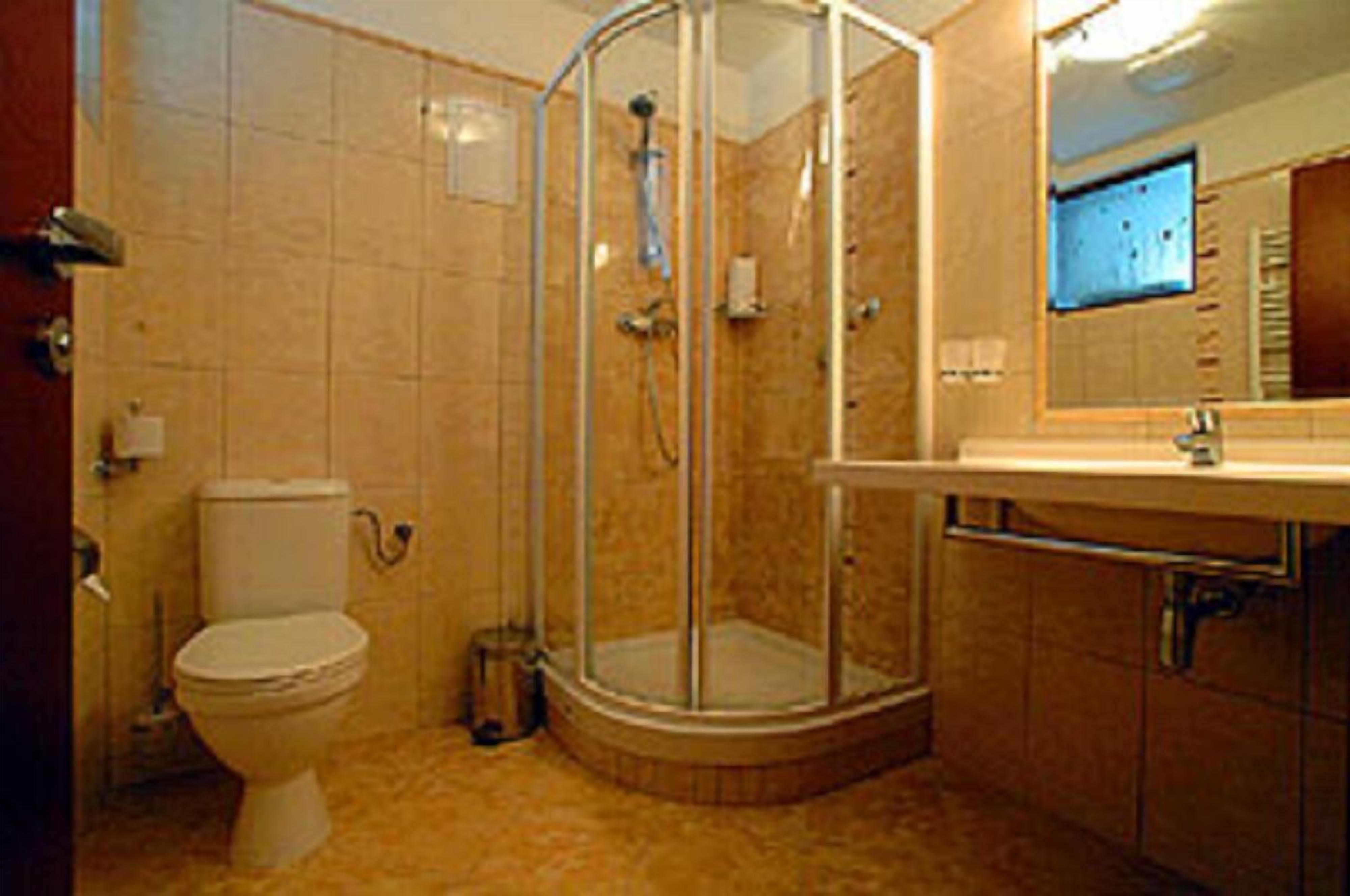 Une salle de bain comprenant des toilettes, un espace douche et un lavabo avec un miroir.