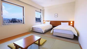 Down comforters, desk, blackout drapes, soundproofing
