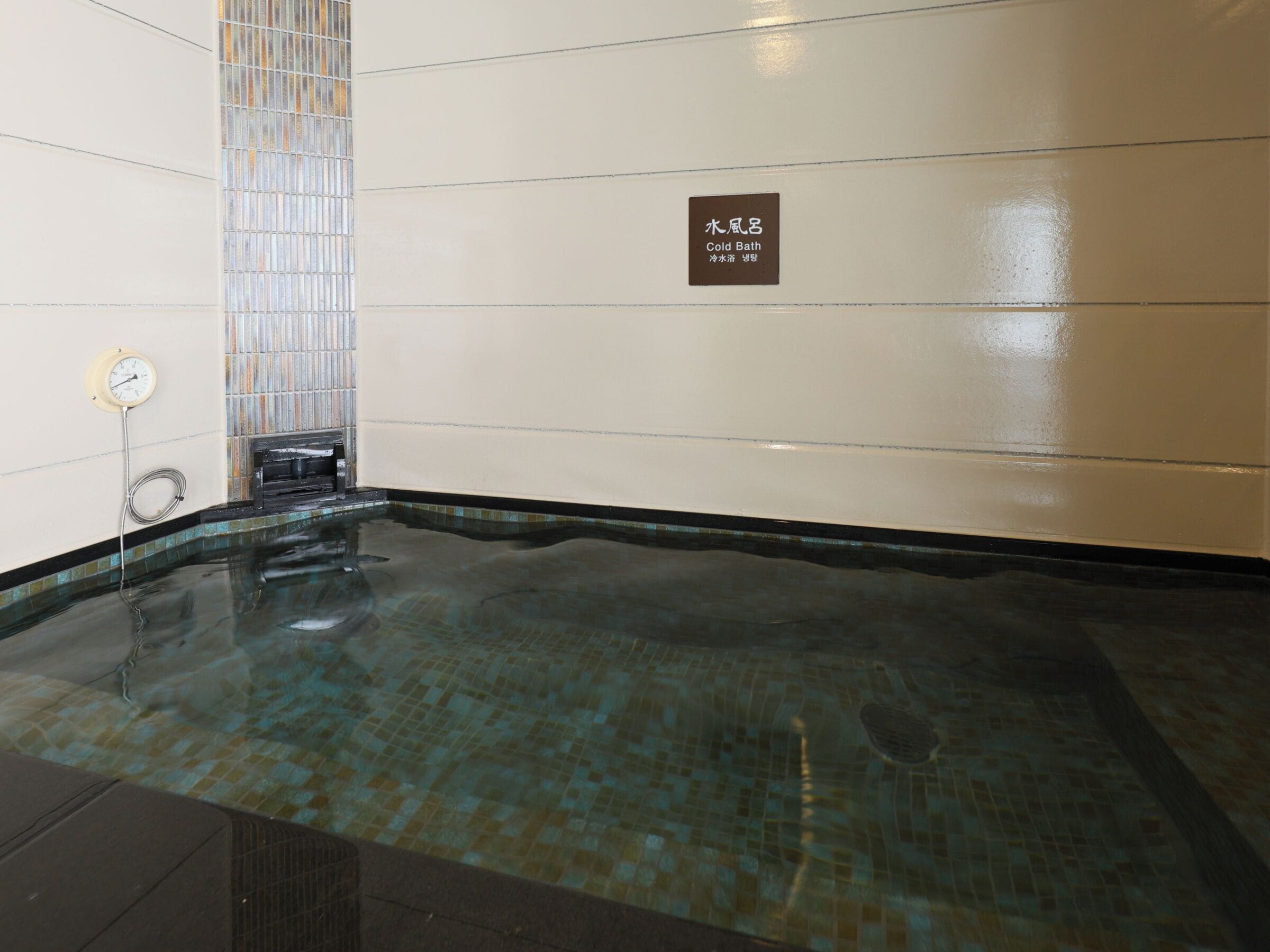 A spa area with a cold bath, a tiled floor, and a wall-mounted thermometer.