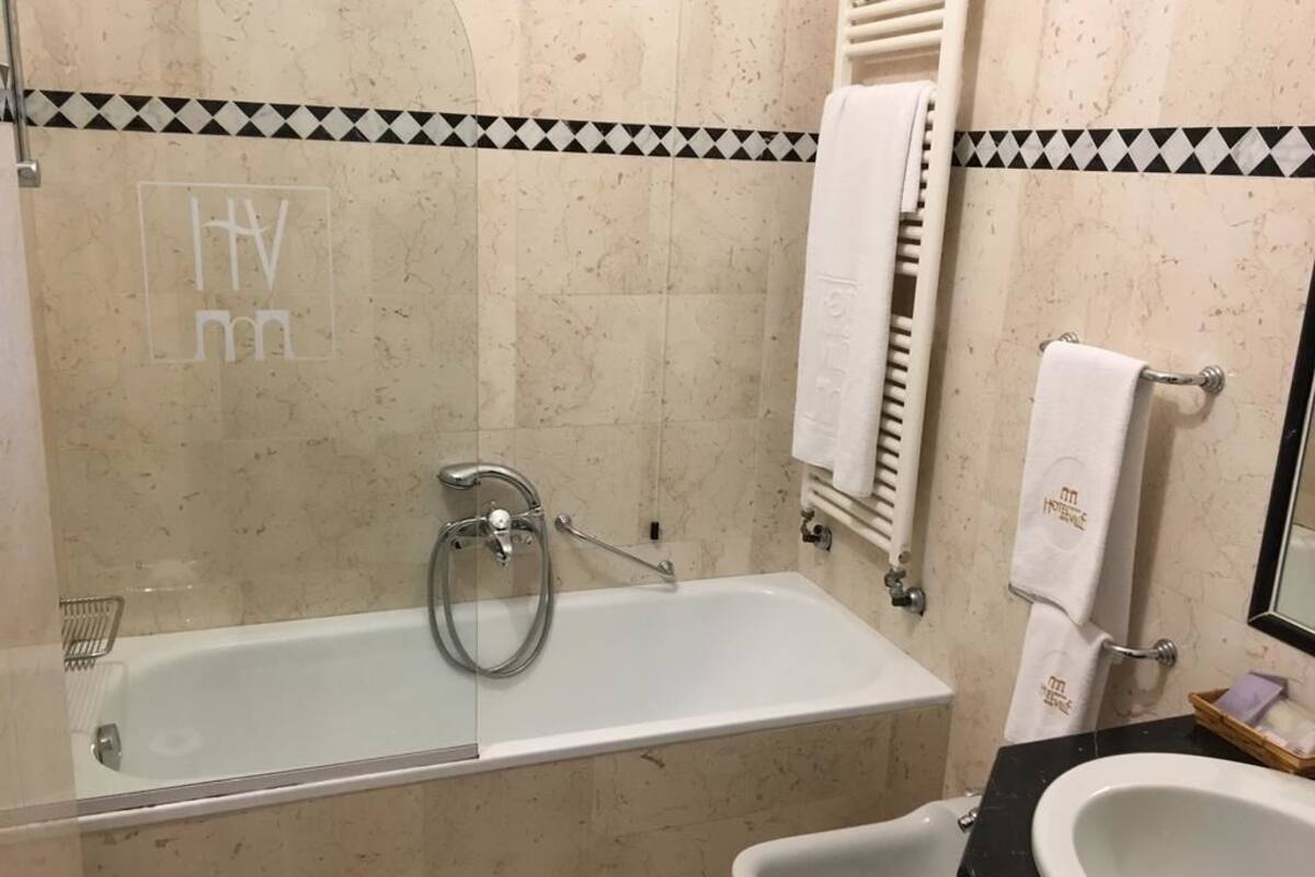 hair dryer, bidet, towels, soap