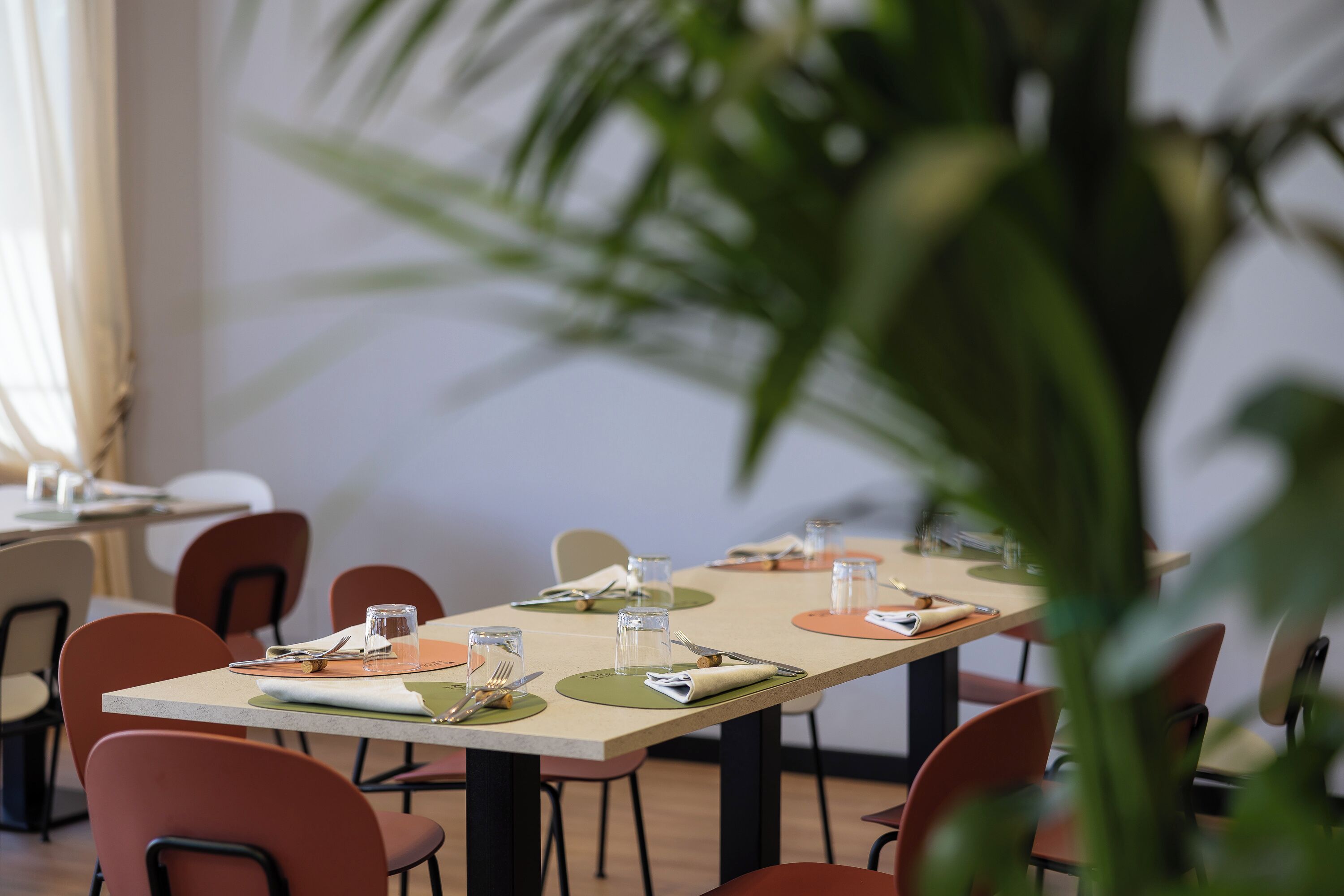 A dining area with tables set for four, chairs, and a large plant in the foreground.