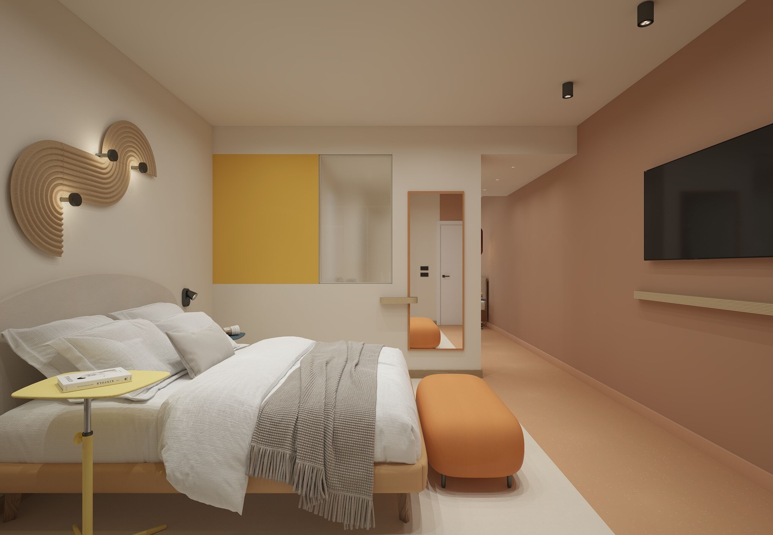A modern bedroom with a bed, bedside table, and a TV mounted on the wall.