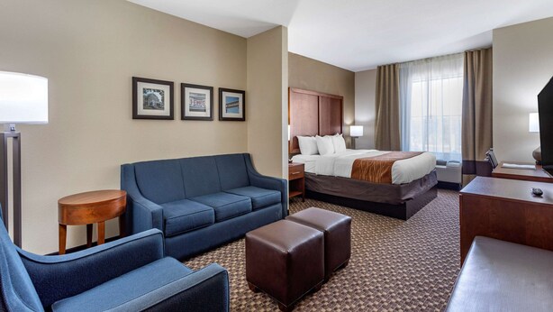 A hotel room with a bed, a sofa, a desk, and a small table. There are three framed pictures on the wall. - Comfort Inn & Suites Atoka-Millington (Atoka)