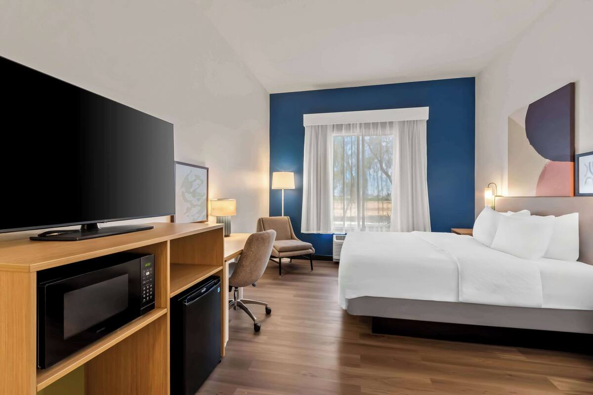A hotel room with a bed, a desk with a chair, a television, a microwave, and a lamp.