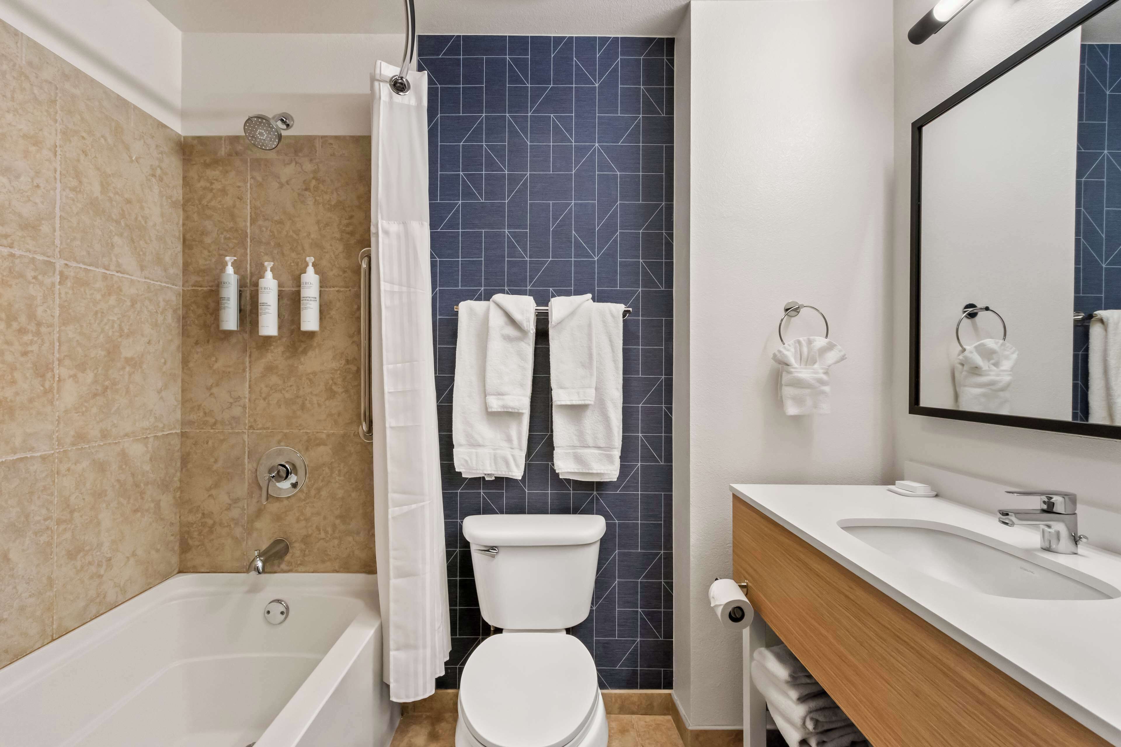 combined shower/bathtub, free toiletries, hair dryer, towels