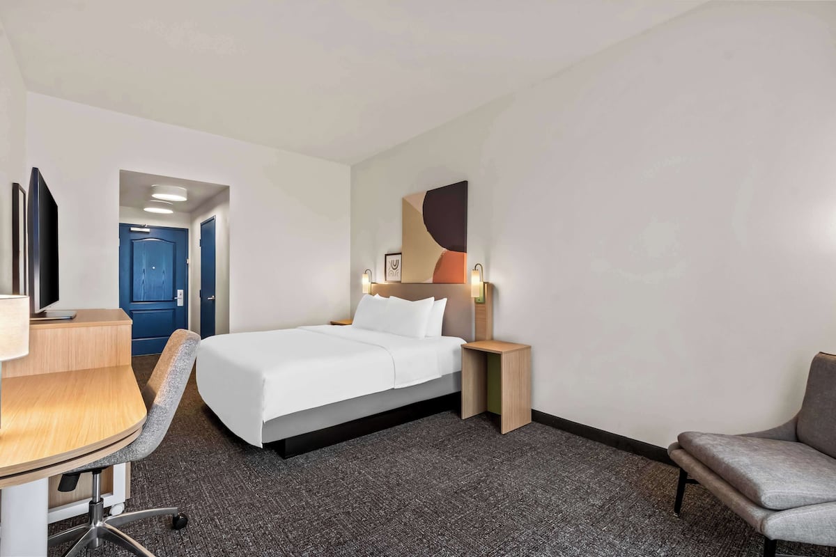 A hotel room with a bed, a desk with a chair, a TV, a wall-mounted artwork, and a door leading to another room.