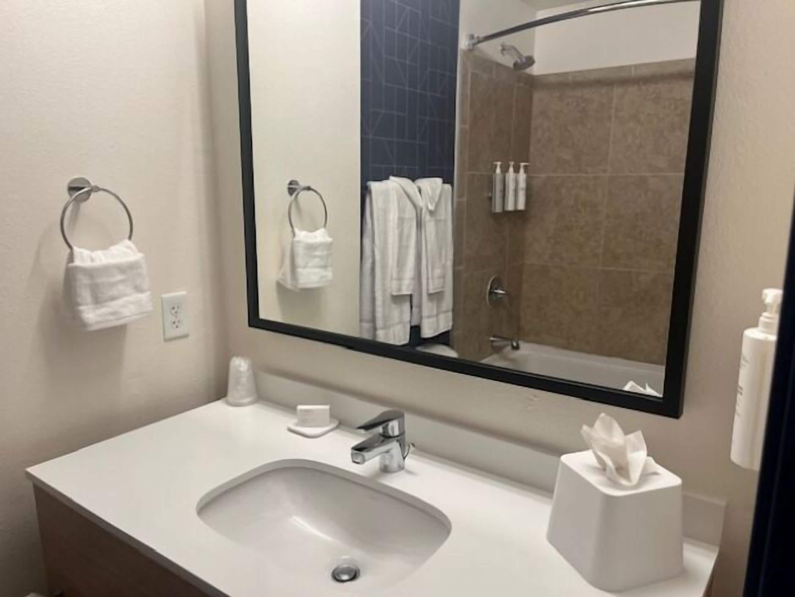 combined shower/bathtub, free toiletries, hair dryer, towels