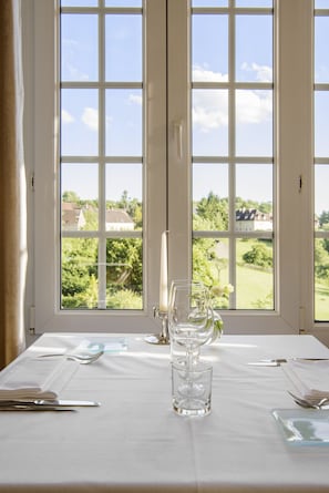 French cuisine, garden views 