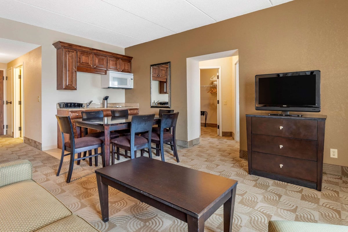 1 bedroom, desk, blackout curtains, iron/ironing board