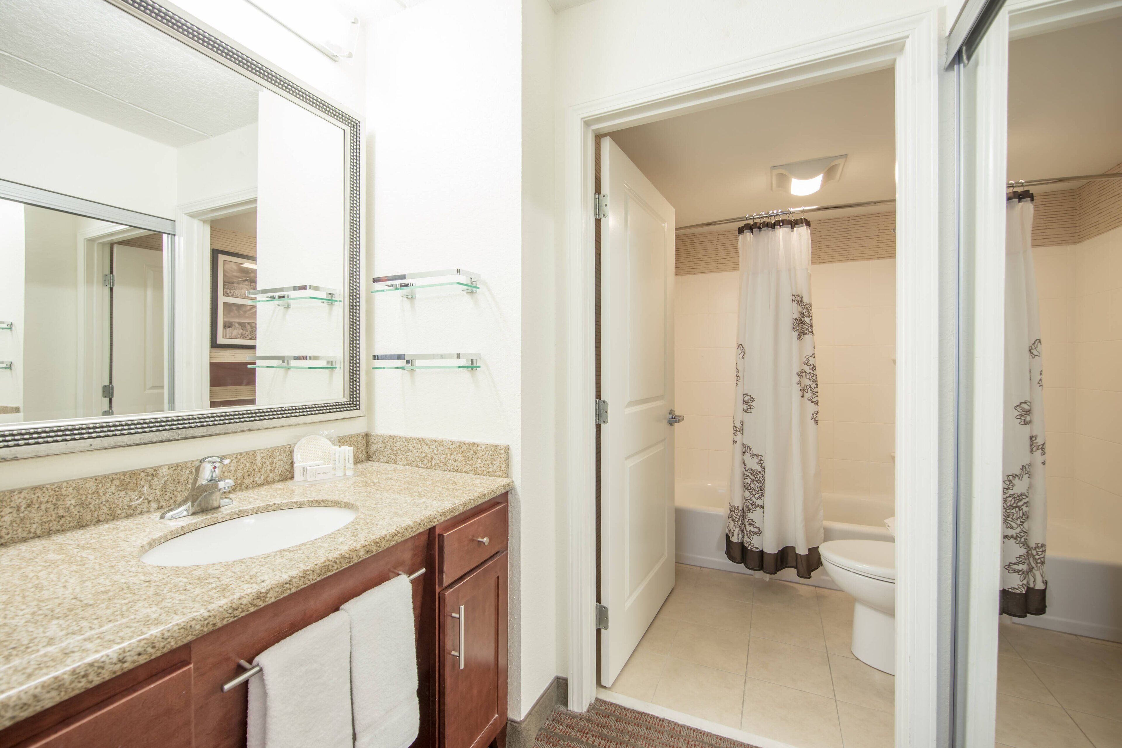 combined shower/bathtub, free toiletries, hair dryer, towels