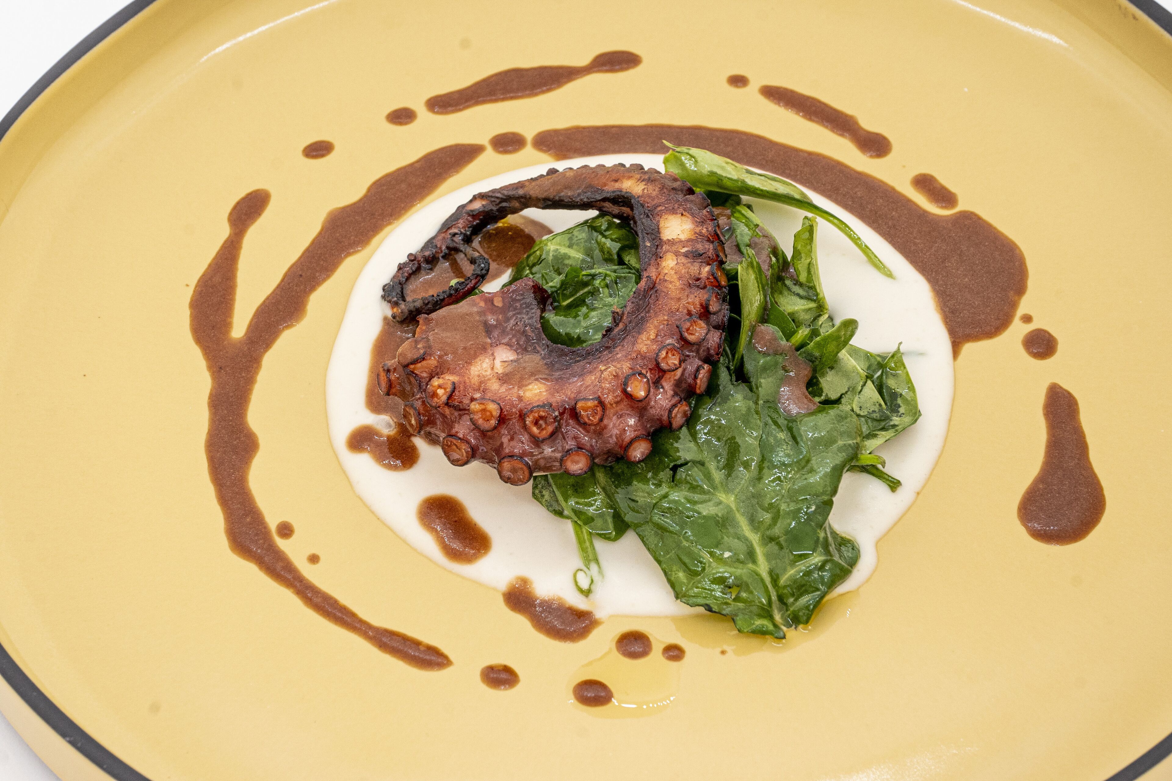 A plate with octopus, greens, and sauce.