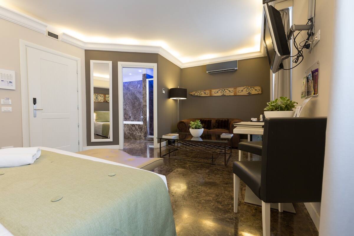 Une chambre d’hôtel équipée d’un lit, d’un bureau, d’une chaise, d’un canapé, d’une télévision et d’une plante.