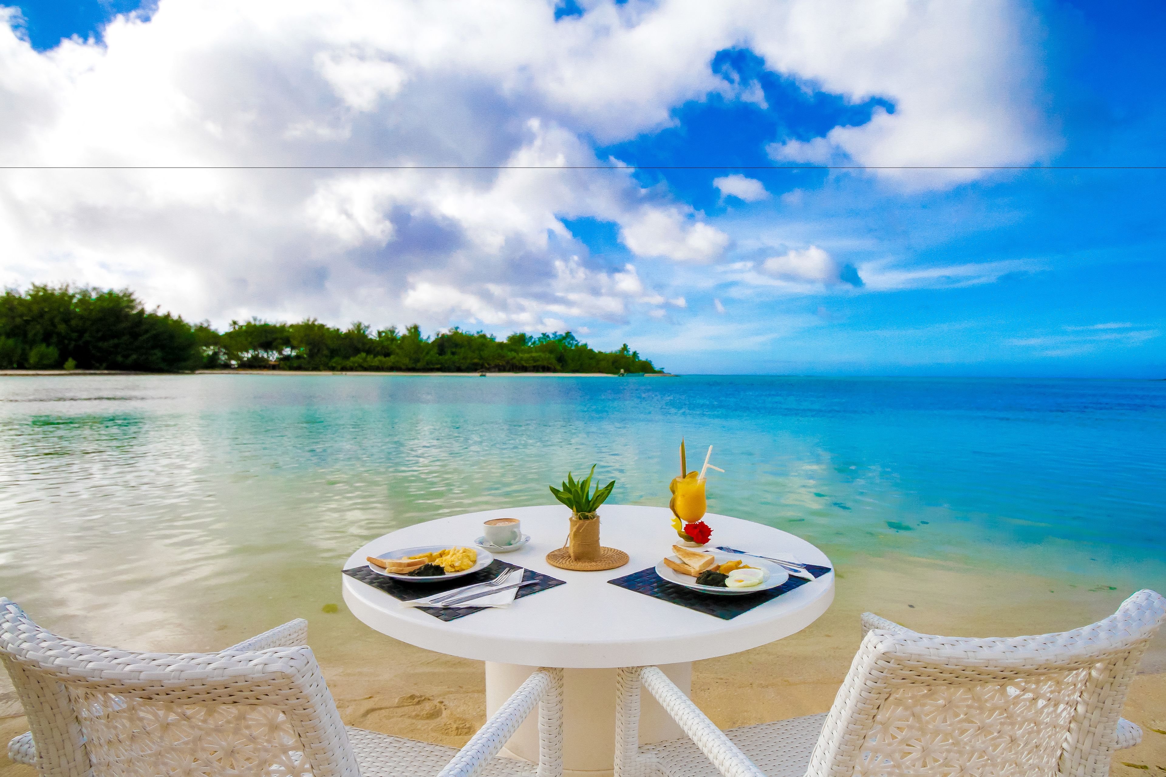 On the beach, white sand, free beach cabanas, sun-loungers