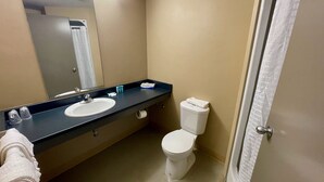 A bathroom with a sink, mirror, toilet, and towel rack. - Residence & Conference Centre - Ottawa West (Ottawa)
