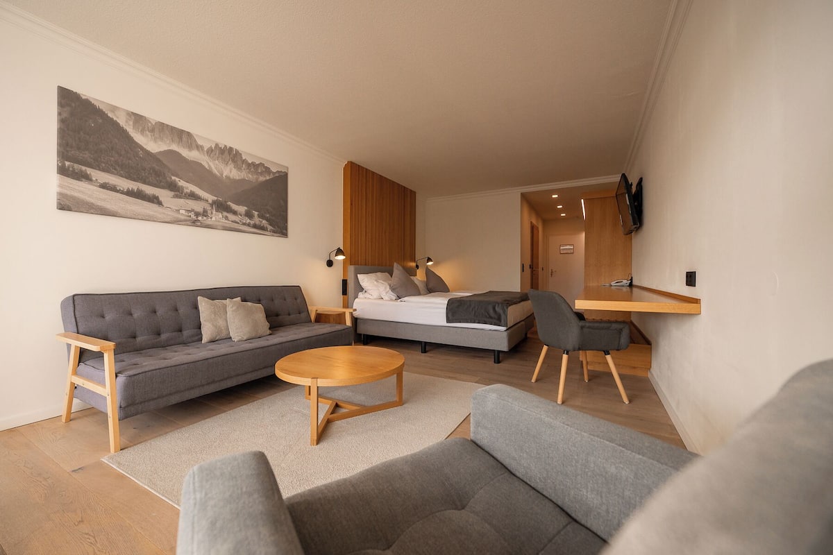 Una habitación moderna con sofá, cama, escritorio y televisor.