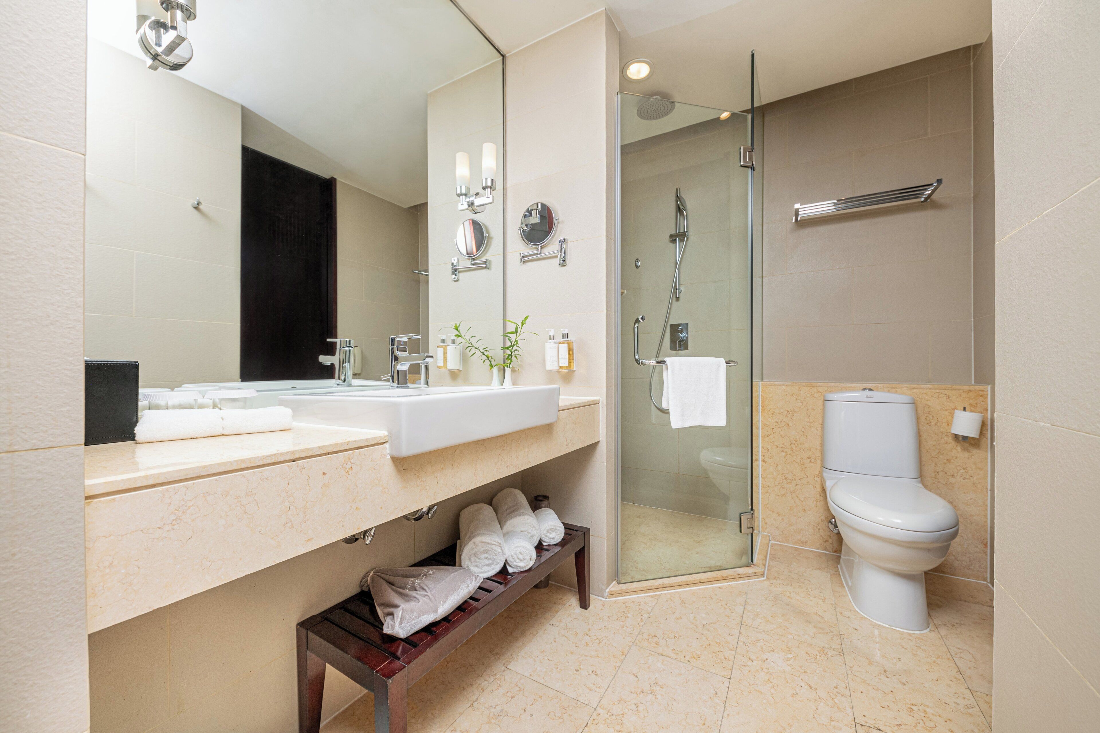 A modern bathroom with a glass-enclosed shower, a white toilet, and a vanity with a mirror.