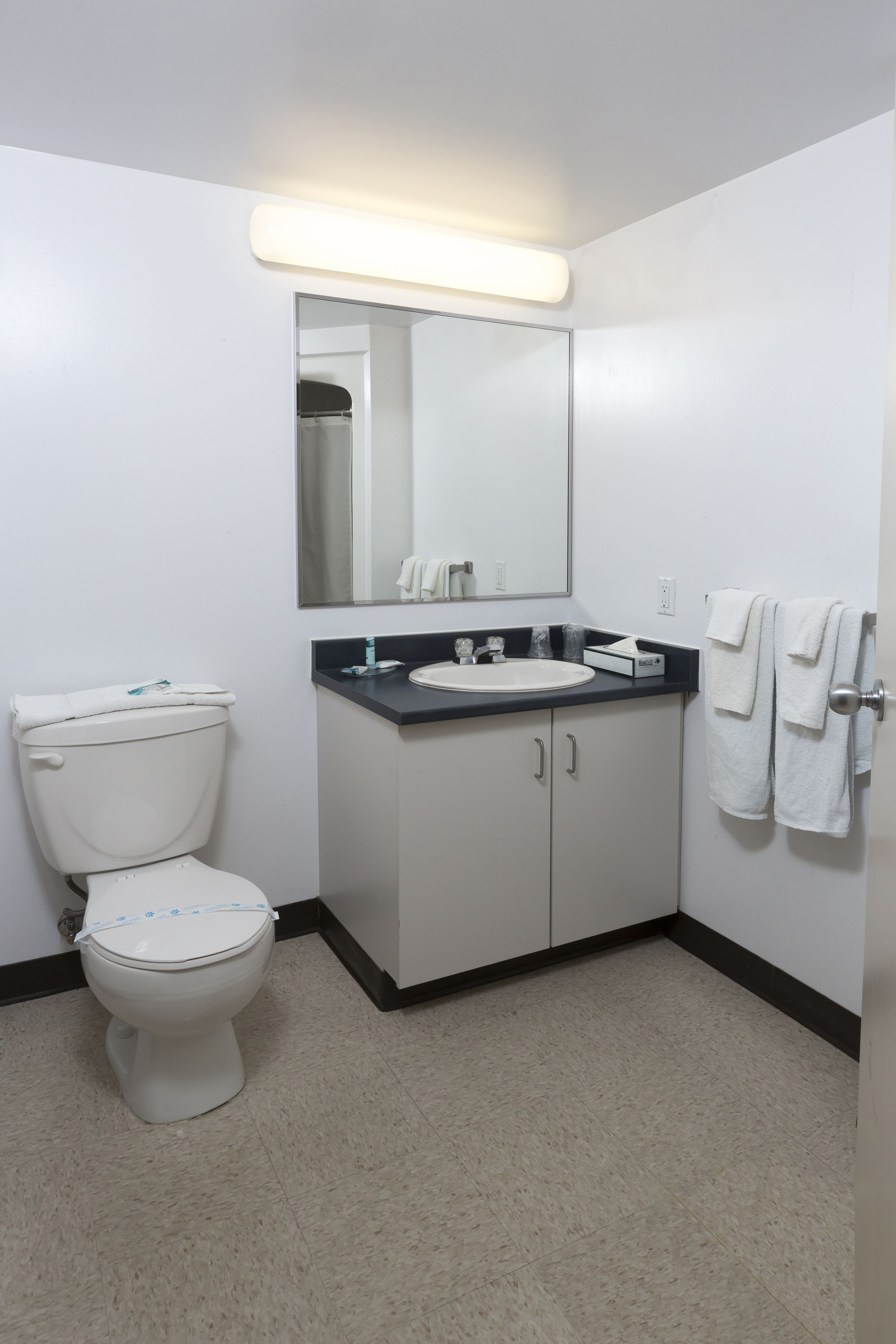 A modern bathroom with a toilet, sink, and mirror.