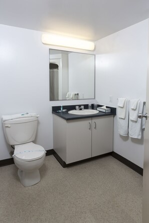 Un baño moderno con inodoro, lavamanos y espejo.