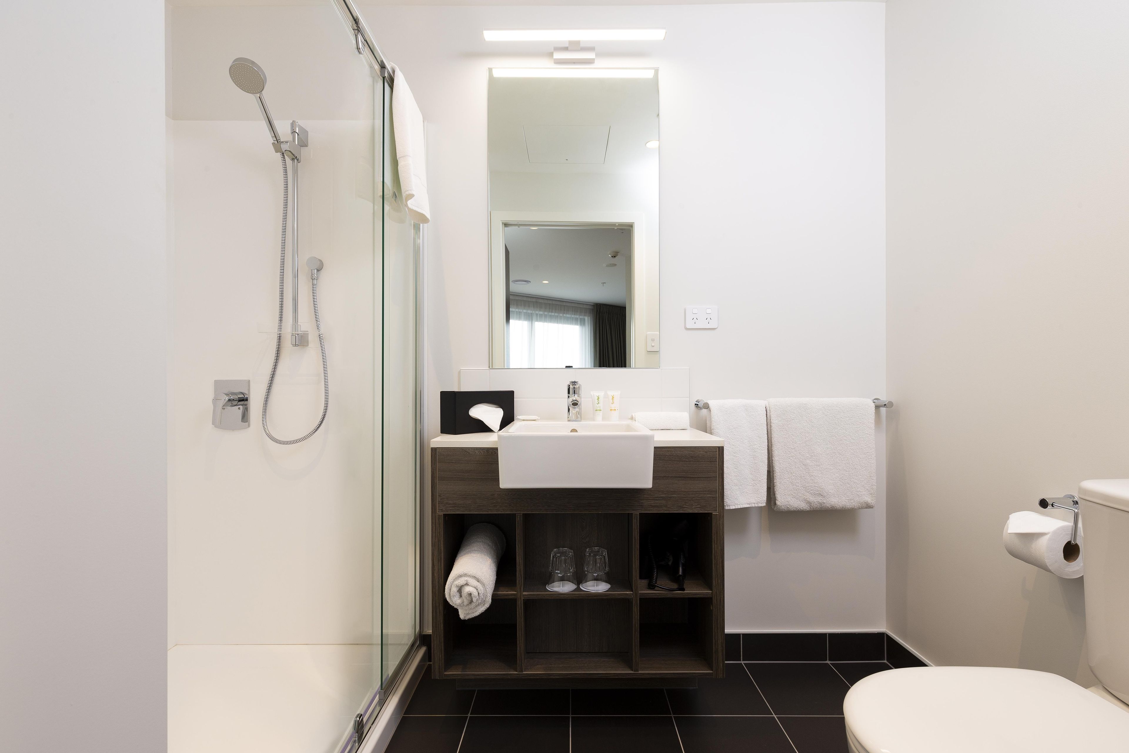 A modern bathroom with a glass shower enclosure, a white sink, and a toilet.