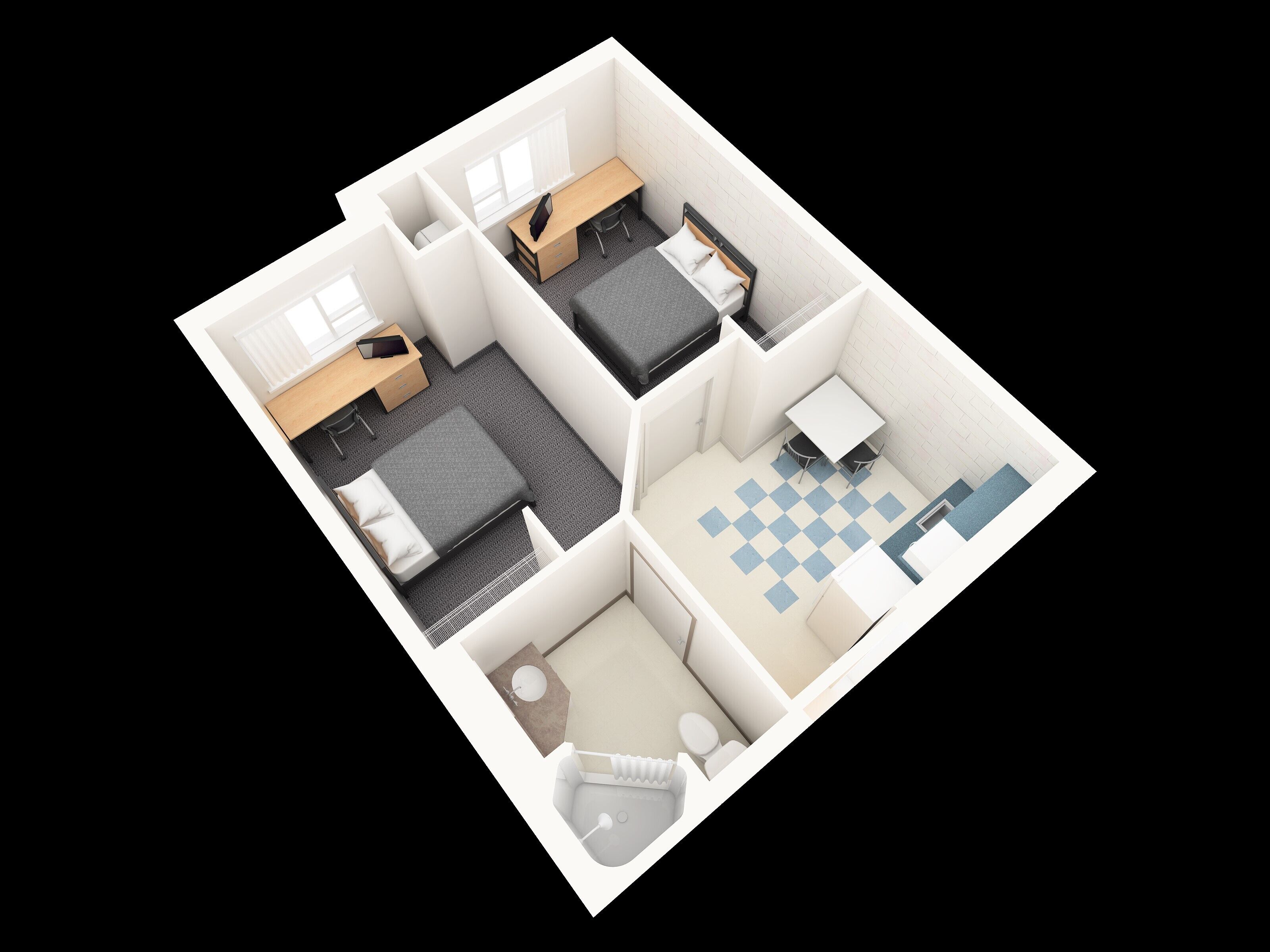 A 3D floor plan of a hotel room with a bed, desk, chair, and a small kitchenette.