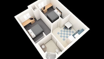 A 3D floor plan of a hotel room with a bed, desk, chair, and a small kitchenette.