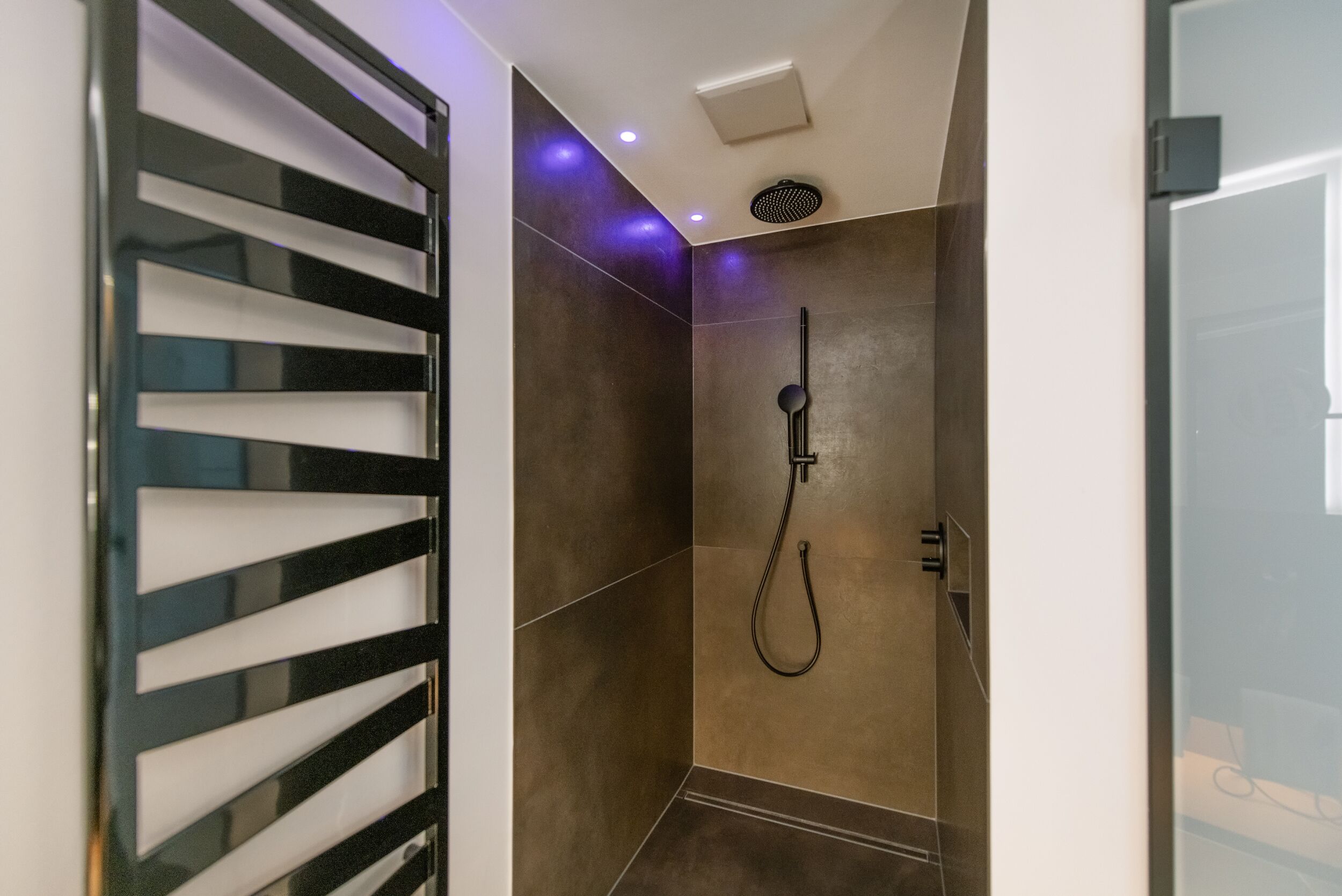 Een moderne badkamer met een douche, een glazen deur en een plafondlamp.