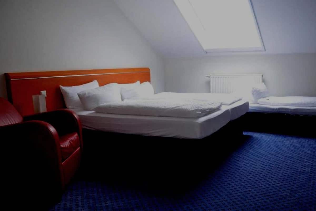 Habitación de hotel con una cama individual, una cama más pequeña, un sillón rojo y un tragaluz.