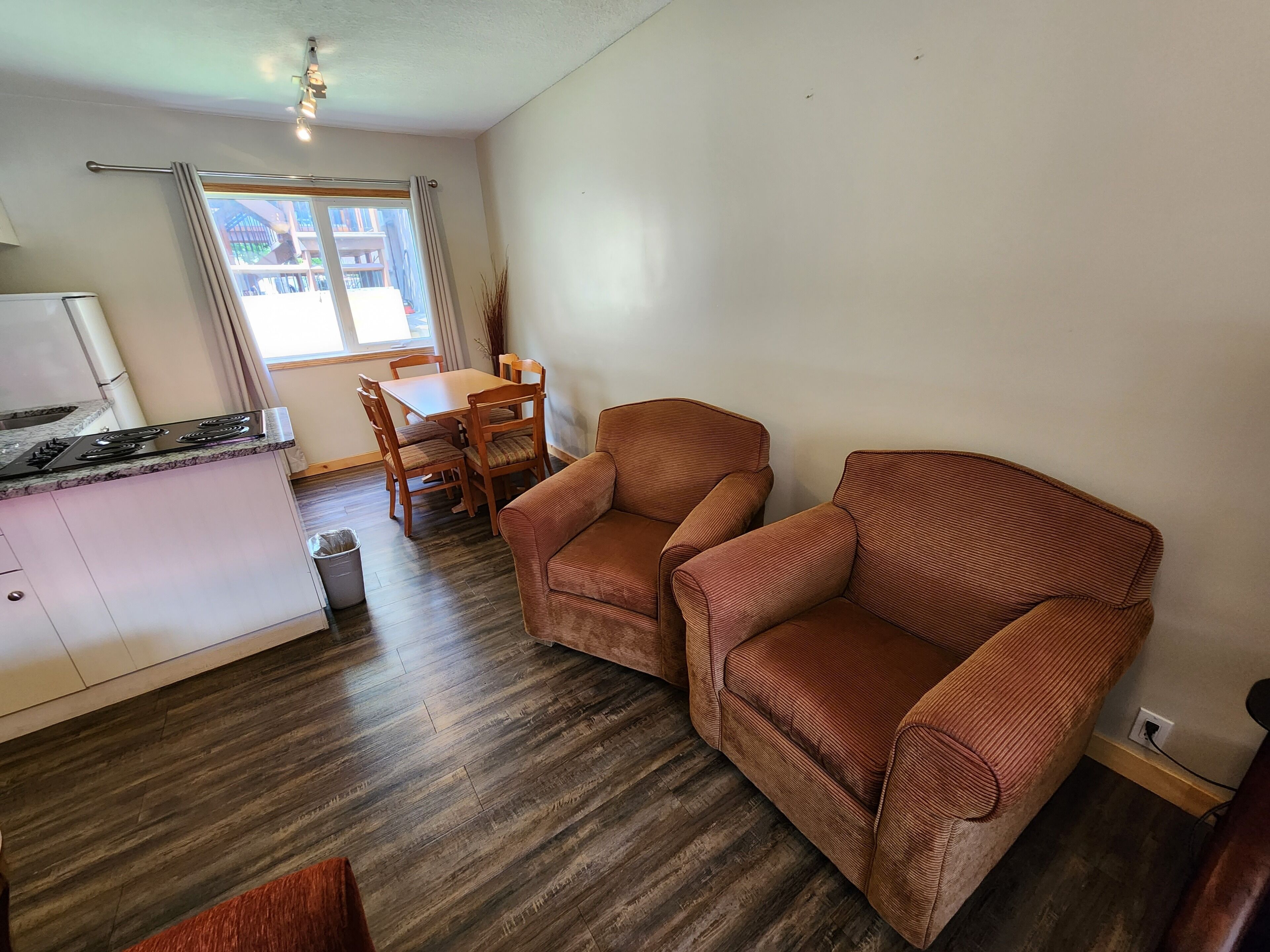 A compact living space with a kitchenette, a dining area, and a seating area with two sofas.