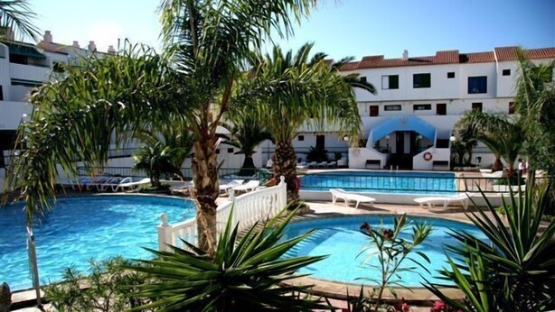 A swimming pool surrounded by palm trees and lounge chairs, with a building in the background. - Alondras Park Apartamentos (Arona)