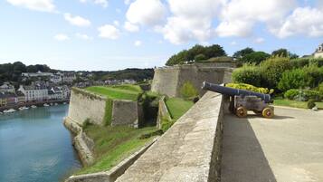 A historic fort with a cannon, overlooking a harbor with boats and buildings.