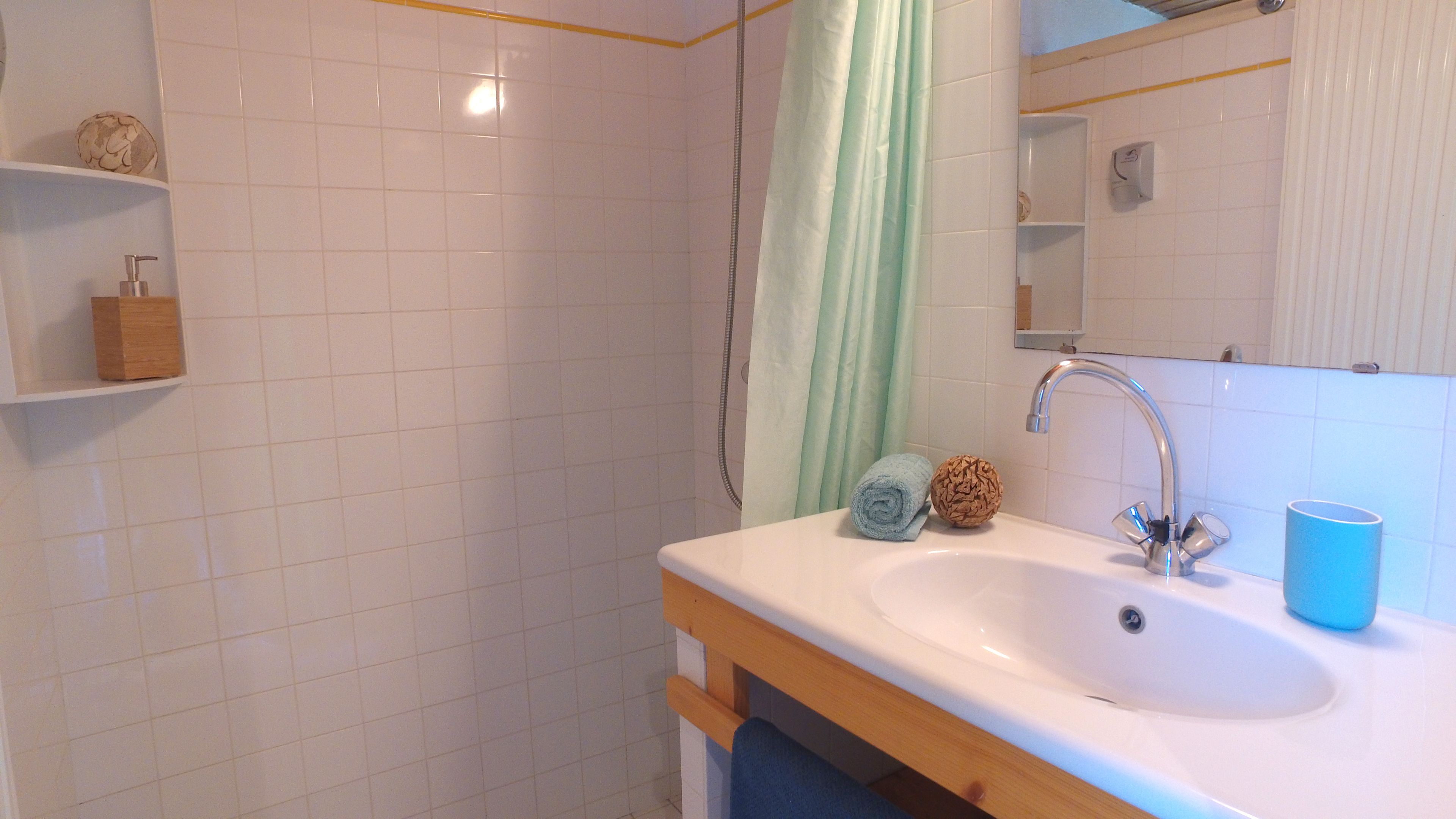 Une salle de bain avec un lavabo blanc, un miroir, un rideau de douche et une étagère en bois où sont rangés les articles de toilette.