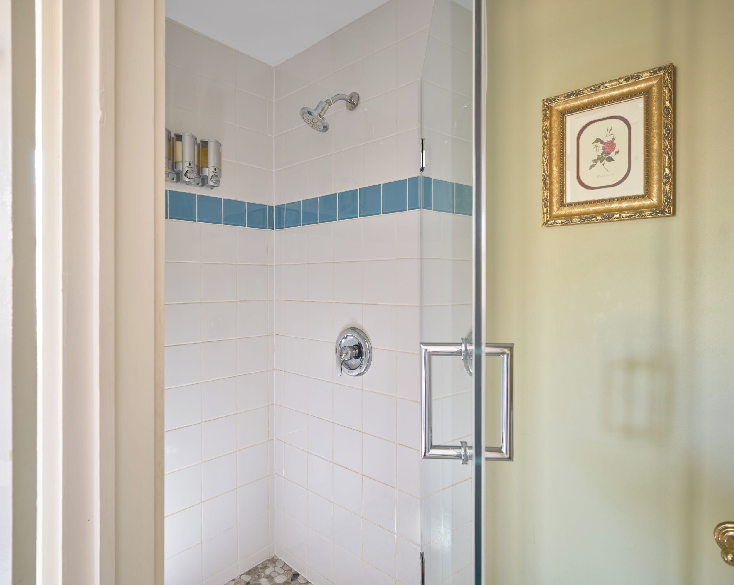 A glass-enclosed shower with white and blue tiles, a silver showerhead, and a door with a handle.