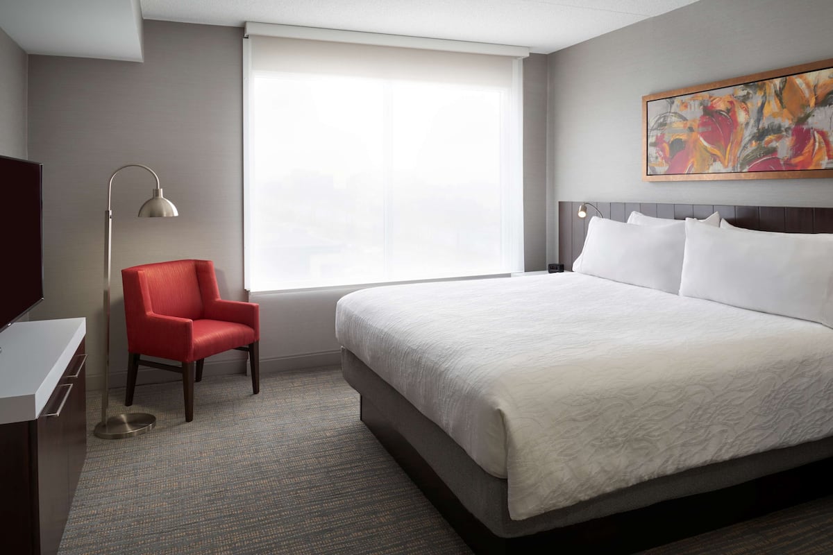 Una habitación de hotel con una cama grande, una silla roja, un escritorio y un cuadro en la pared.