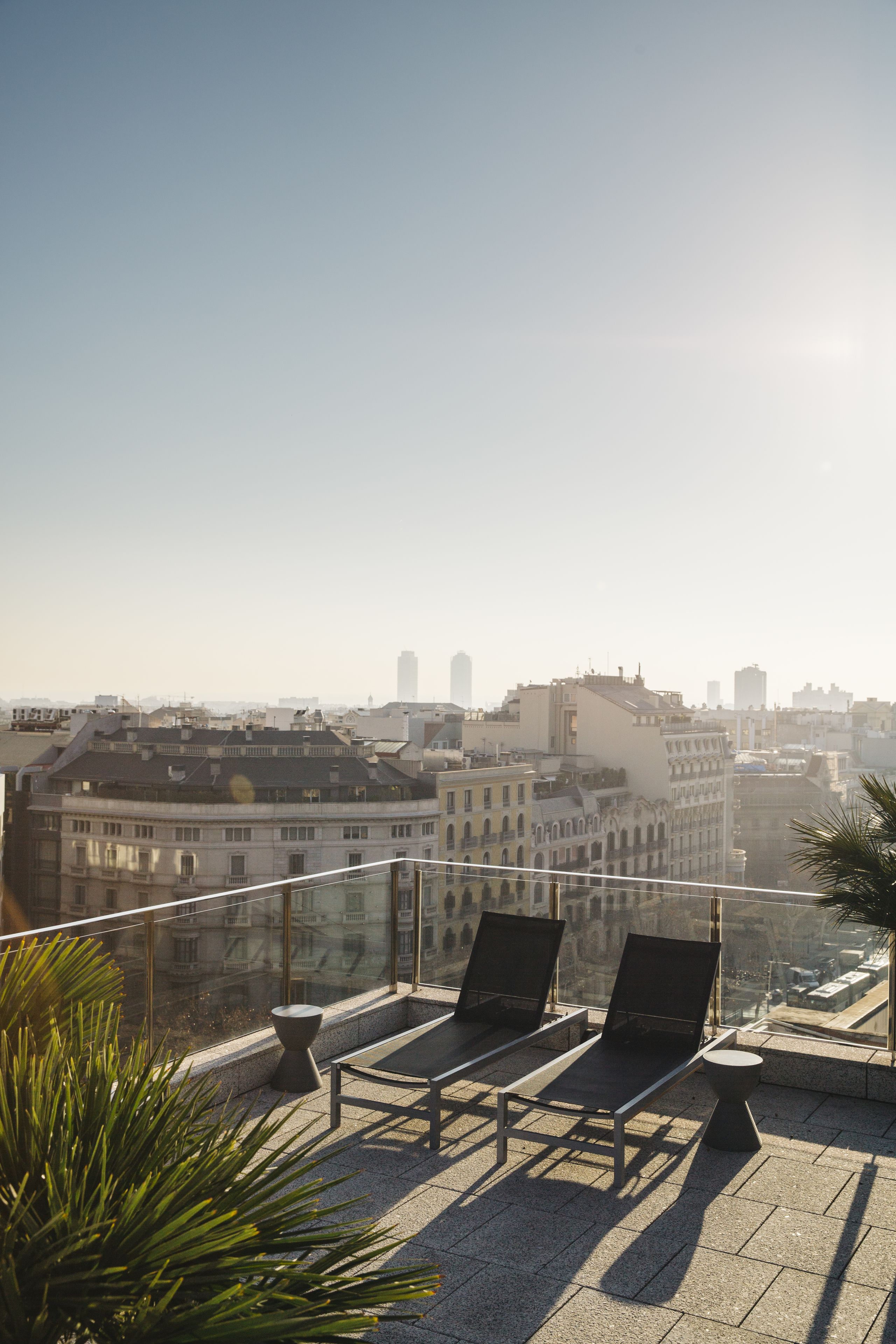 Terraza en la azotea con dos sillones de descanso y una planta en maceta, con vistas a un paisaje urbano con edificios históricos.