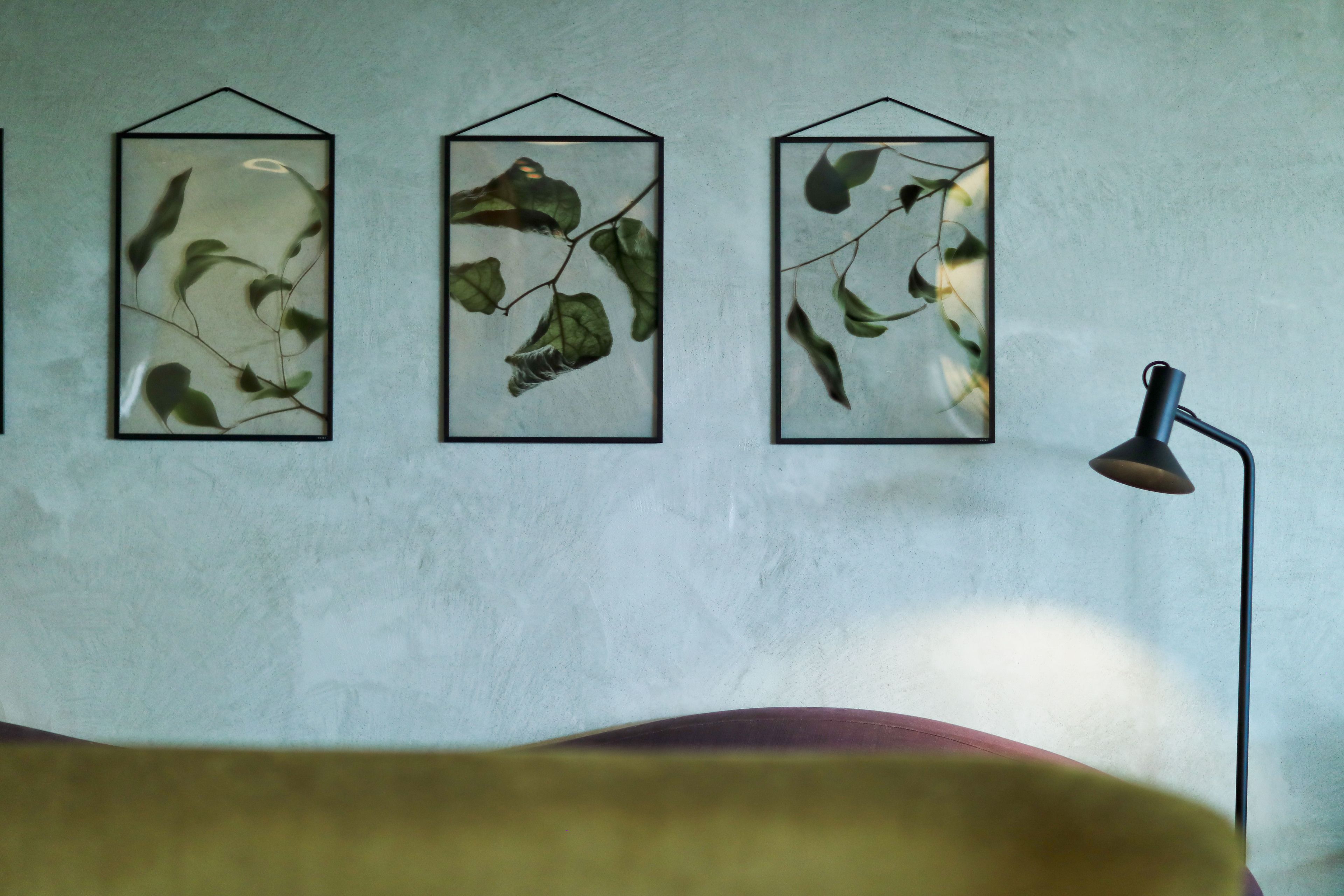 Tres impresiones enmarcadas de motivos botánicos en una pared, una lámpara de pie y un sofá.